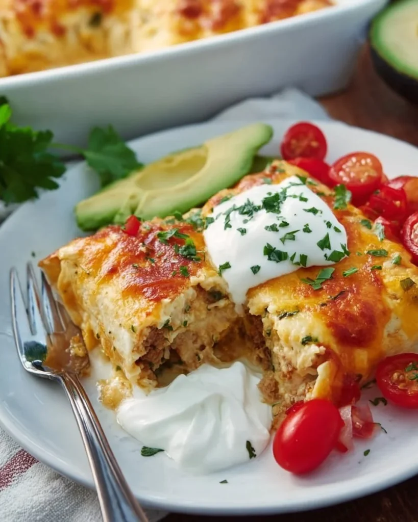 Delicious overnight breakfast burrito casserole topped with fresh ingredients