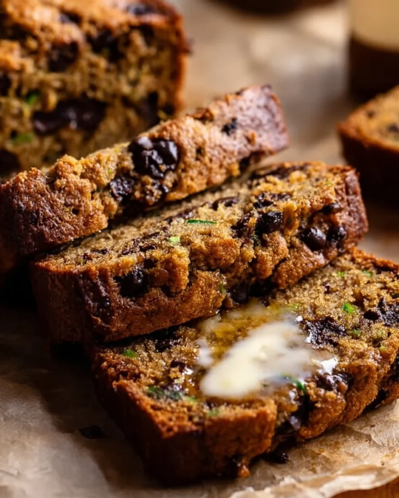 Sliced Peanut Butter Chocolate Chip Zucchini Bread with chocolate chips