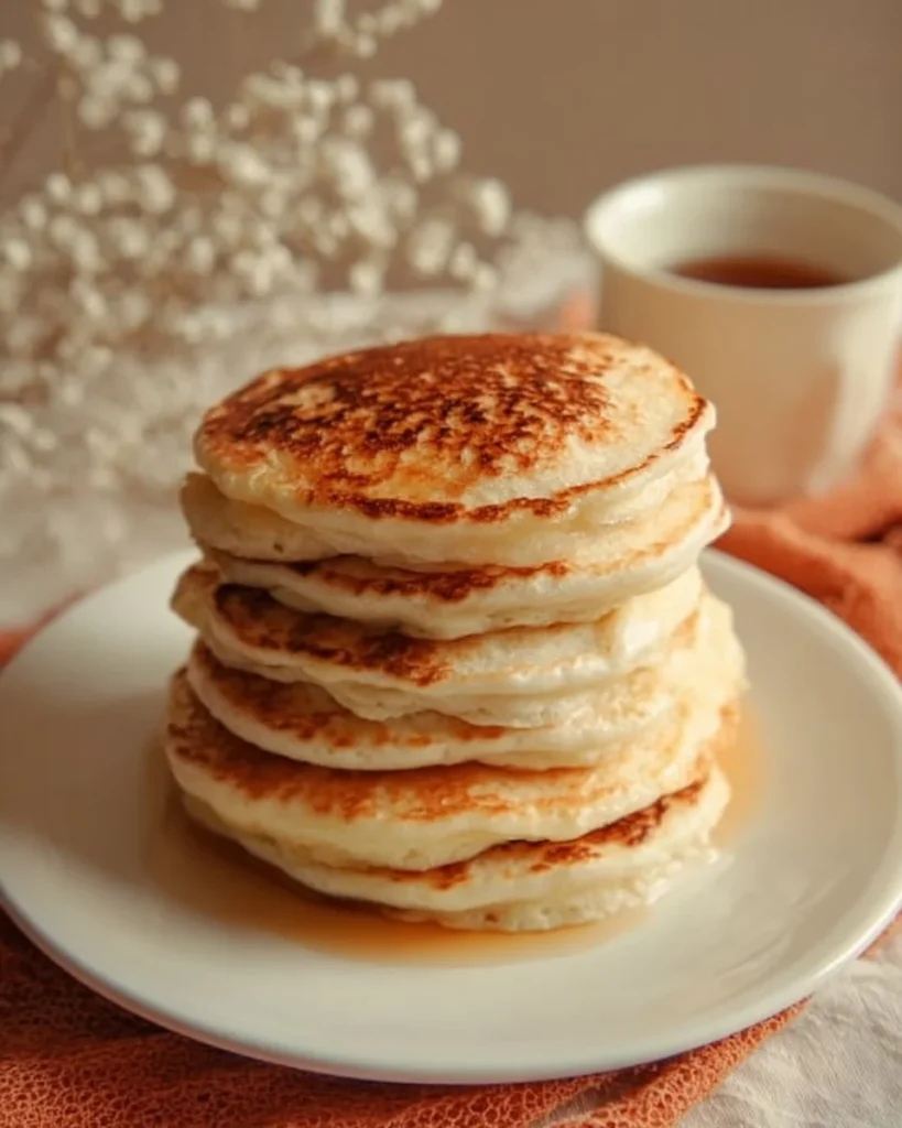 Fluffy cottage cheese pancakes served with syrup and fresh fruit
