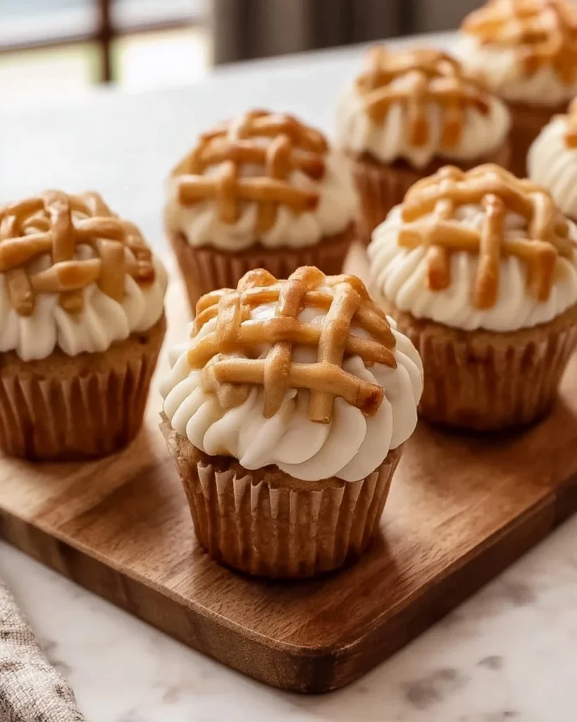 Delicious apple pie cupcakes with apple slices and frosting on a wooden table