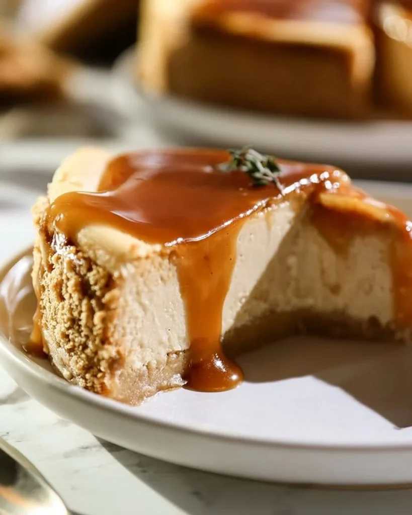 Slice of Autumn Apple Cider Cheesecake topped with caramel and cinnamon