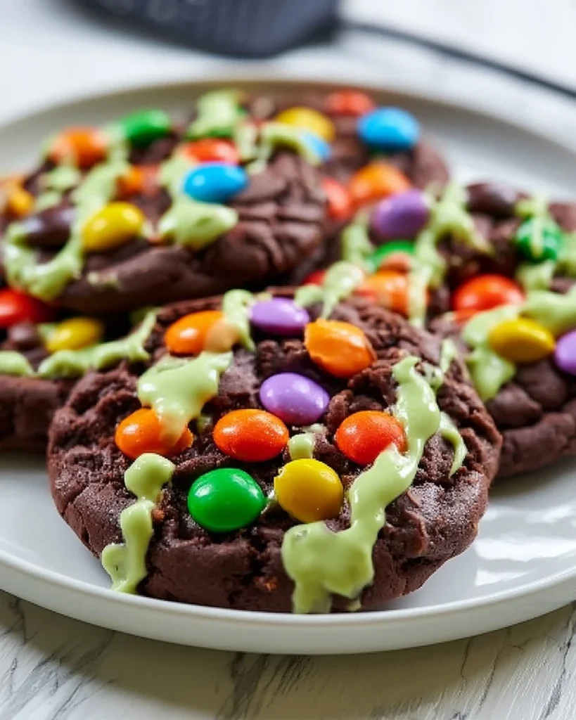 Delicious chocolate Halloween cookies with witches brew frosting on a decorative plate