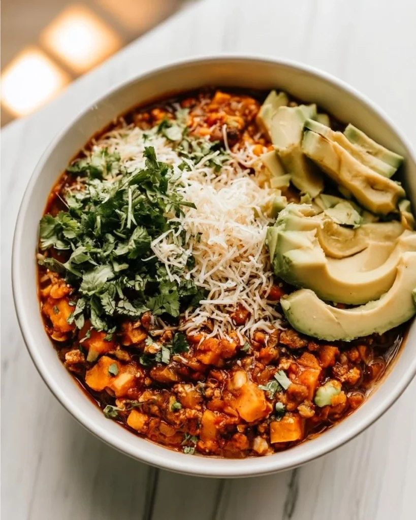 Creamy 20-minute sweet potato turkey chili inspired by Chipotle's recipe