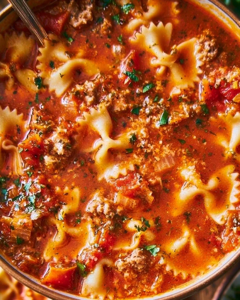 Creamy cottage cheese lasagna soup garnished with herbs and served in a bowl.