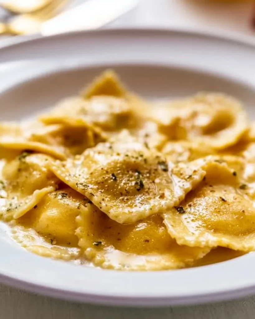 Creamy garlic brown butter pumpkin ravioli served on a plate