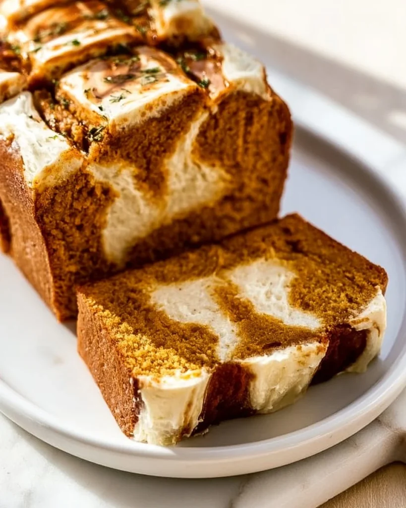 A slice of delicious pumpkin cream cheese bread with streusel topping.