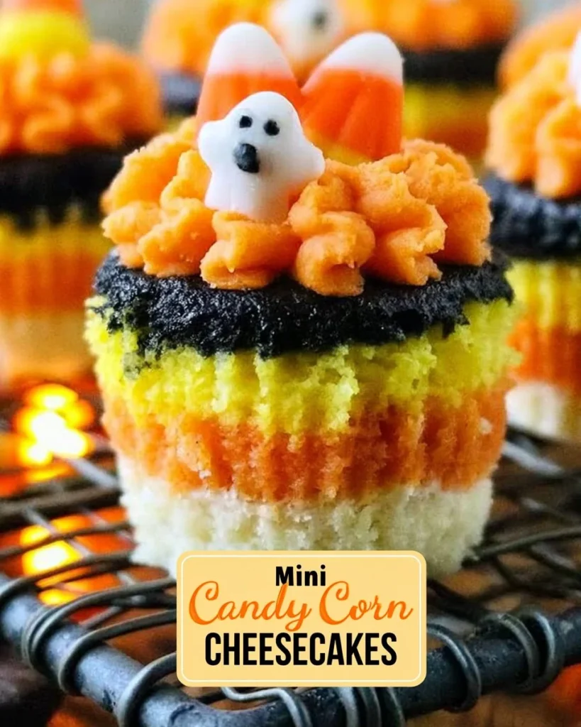 No-bake candy corn cheesecakes topped with colorful candy corn decorations.