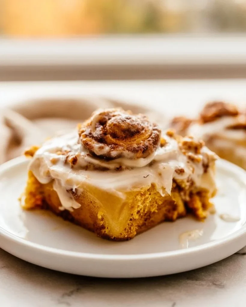 Delicious creamy pumpkin cinnamon rolls topped with icing