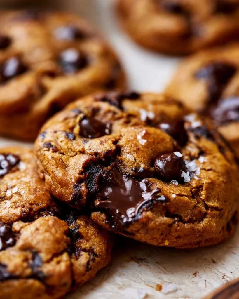 Crispy brown butter pumpkin chocolate chip cookies on a plate