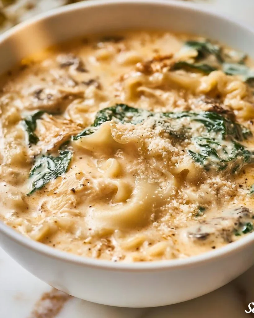 Bowl of Deconstructed Lasagna Soup with cheese and herbs