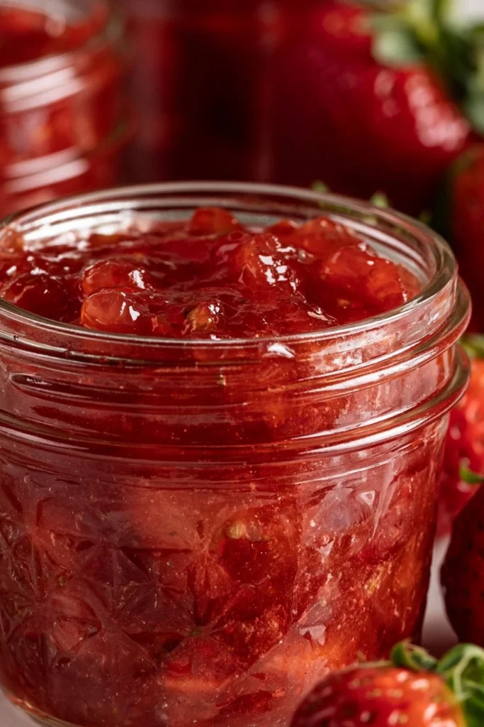 Homemade strawberry jalapeno jam in a glass jar with fresh strawberries and jalapenos
