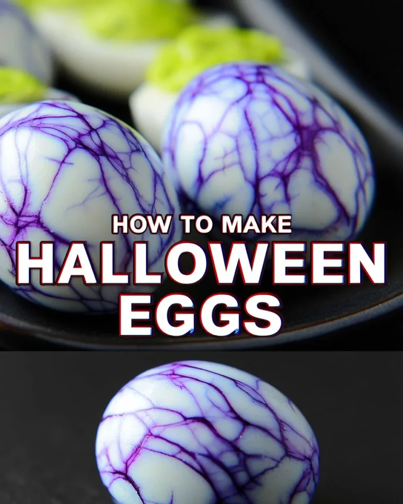 Halloween-themed deviled eggs decorated with spooky designs