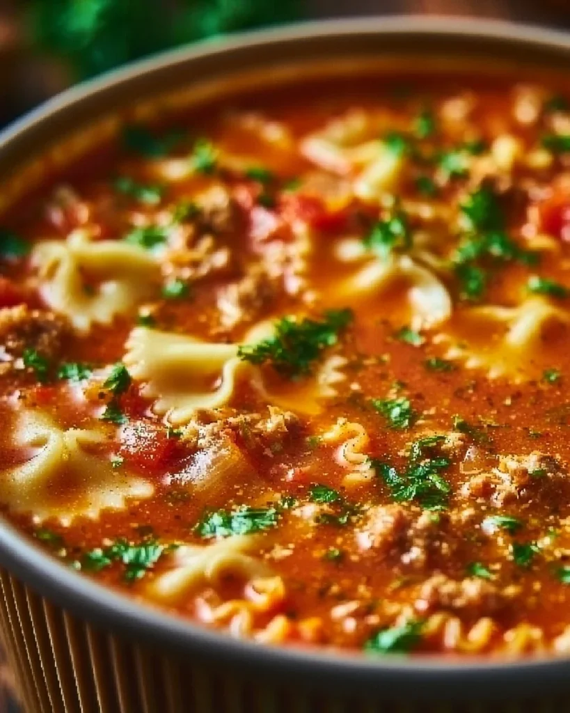 Bowl of delicious Lasagna Soup with cheese, pasta, and herbs.
