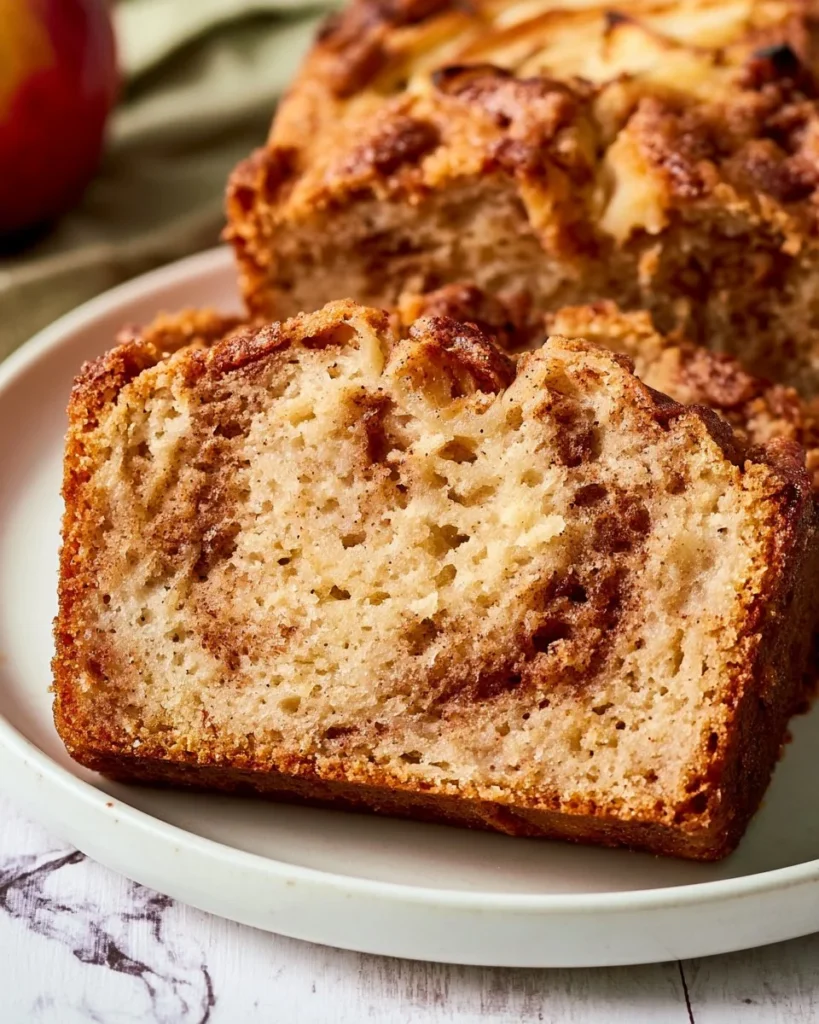 Moist cinnamon apple bread loaf with spices and apple chunks