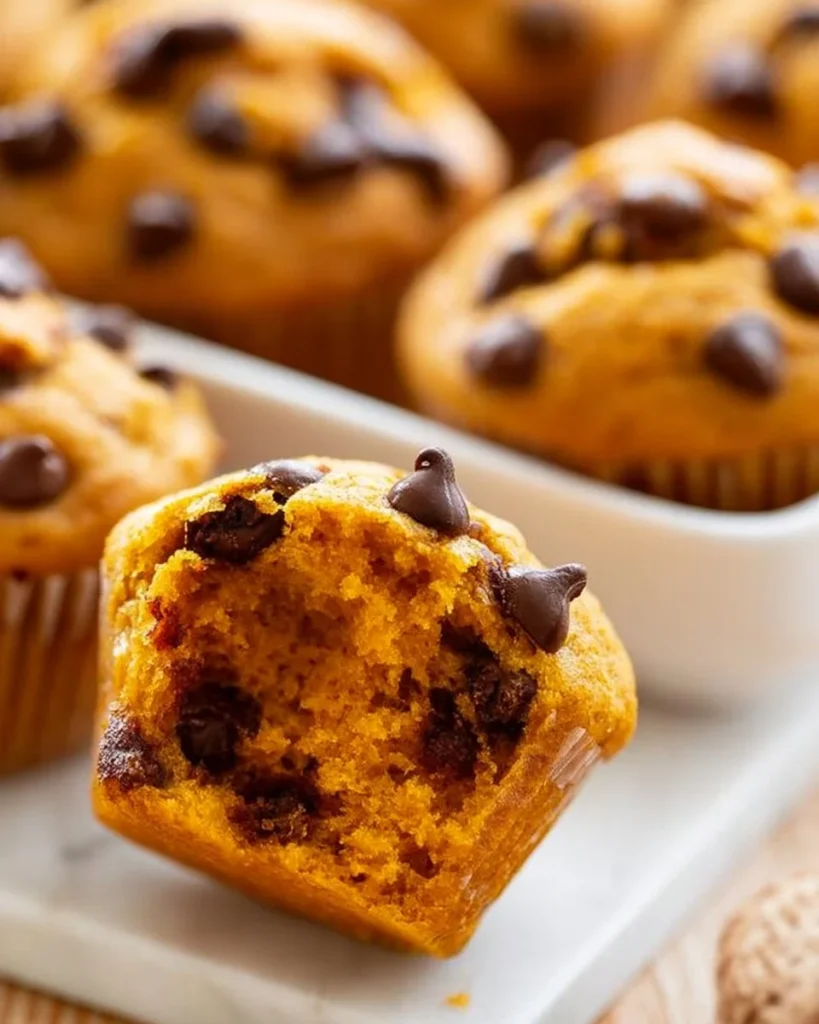 Freshly baked Pumpkin Chocolate Muffins on a wooden table.