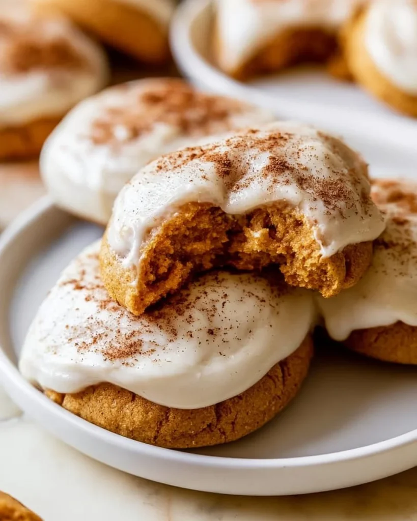 Delicious pumpkin cookies with cream cheese frosting on a white plate