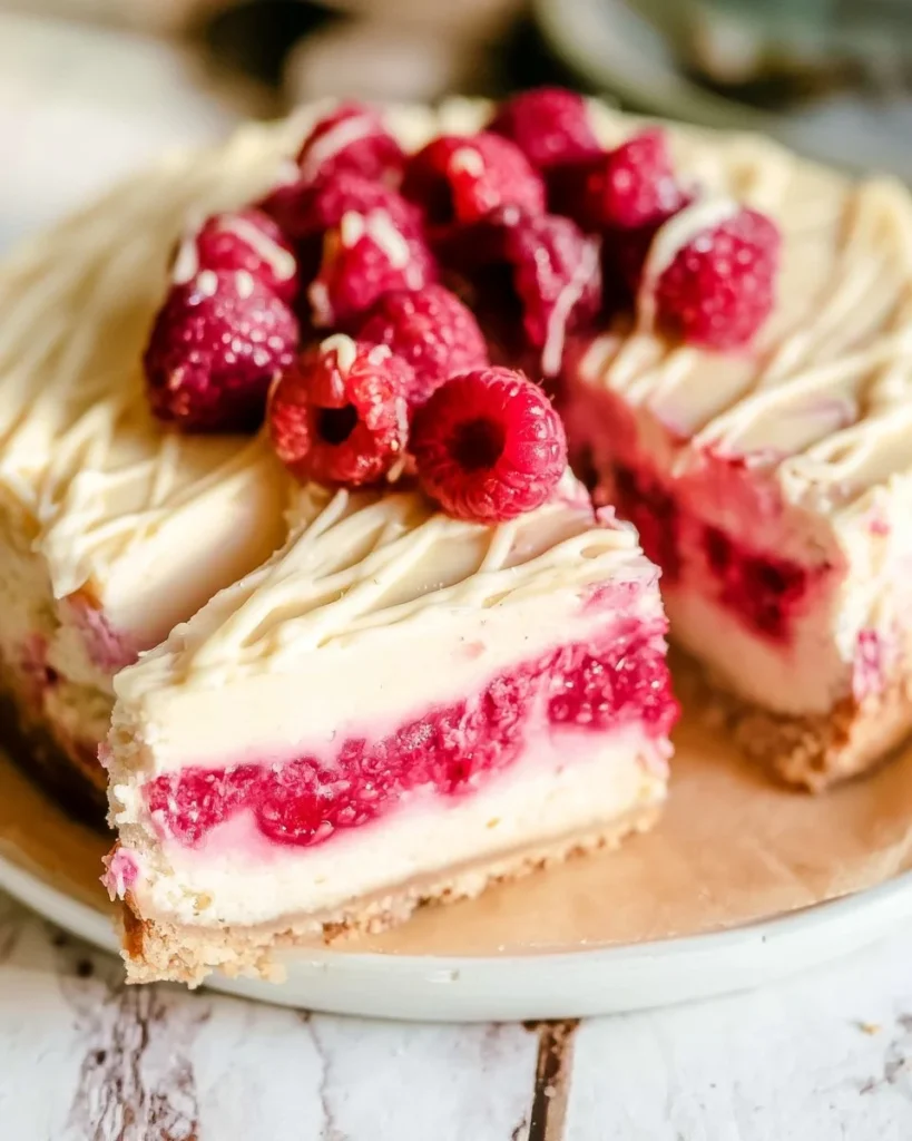 Slice of white chocolate raspberry swirl cheesecake on a plate
