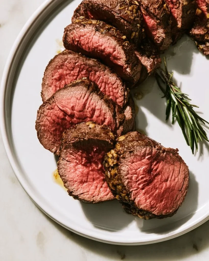 Perfectly cooked beef tenderloin roast served on a platter with herbs.