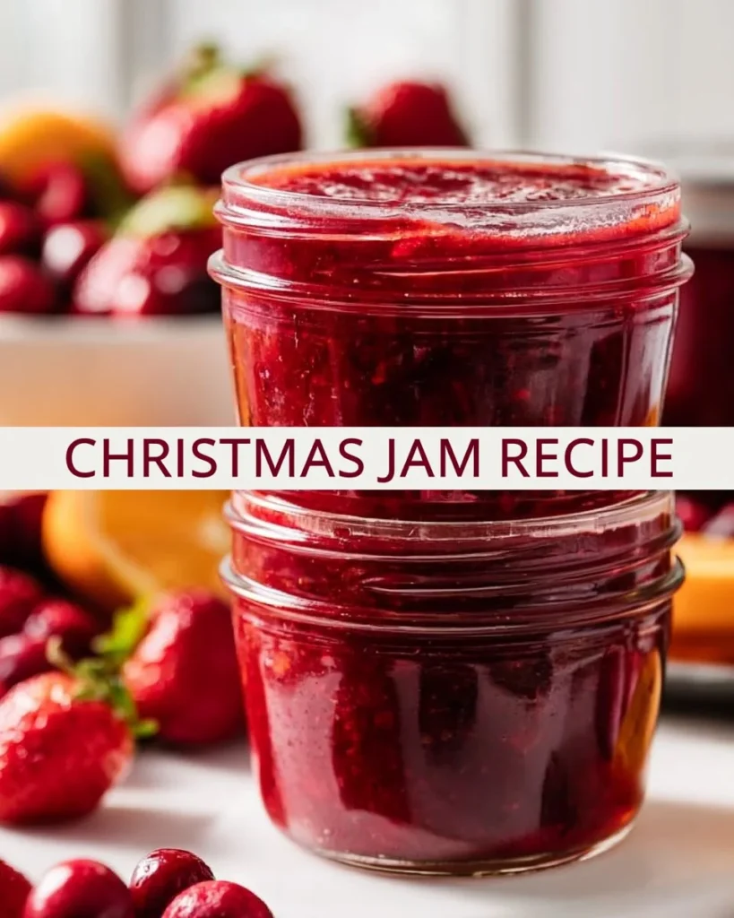 Homemade Christmas jam in jars ready for canning and gifting during the holiday season.