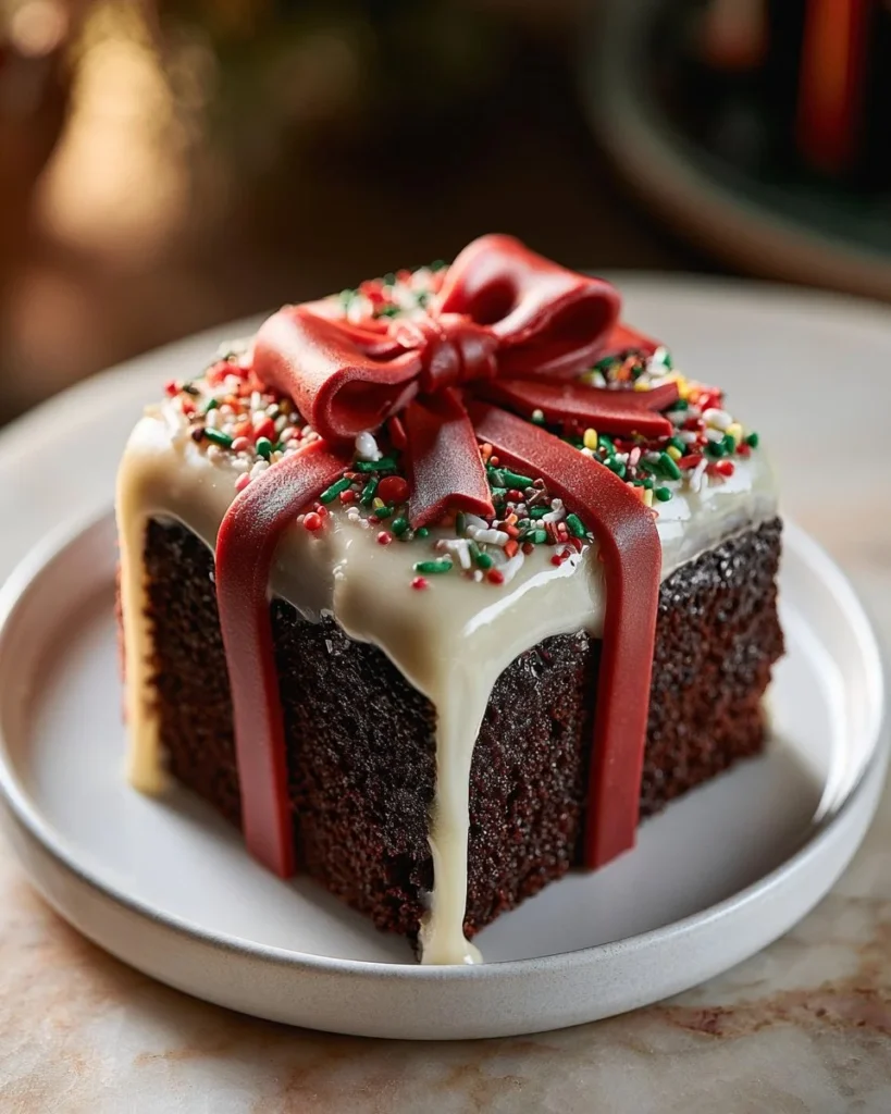 Festive Christmas Present Brownies decorated for holiday celebrations