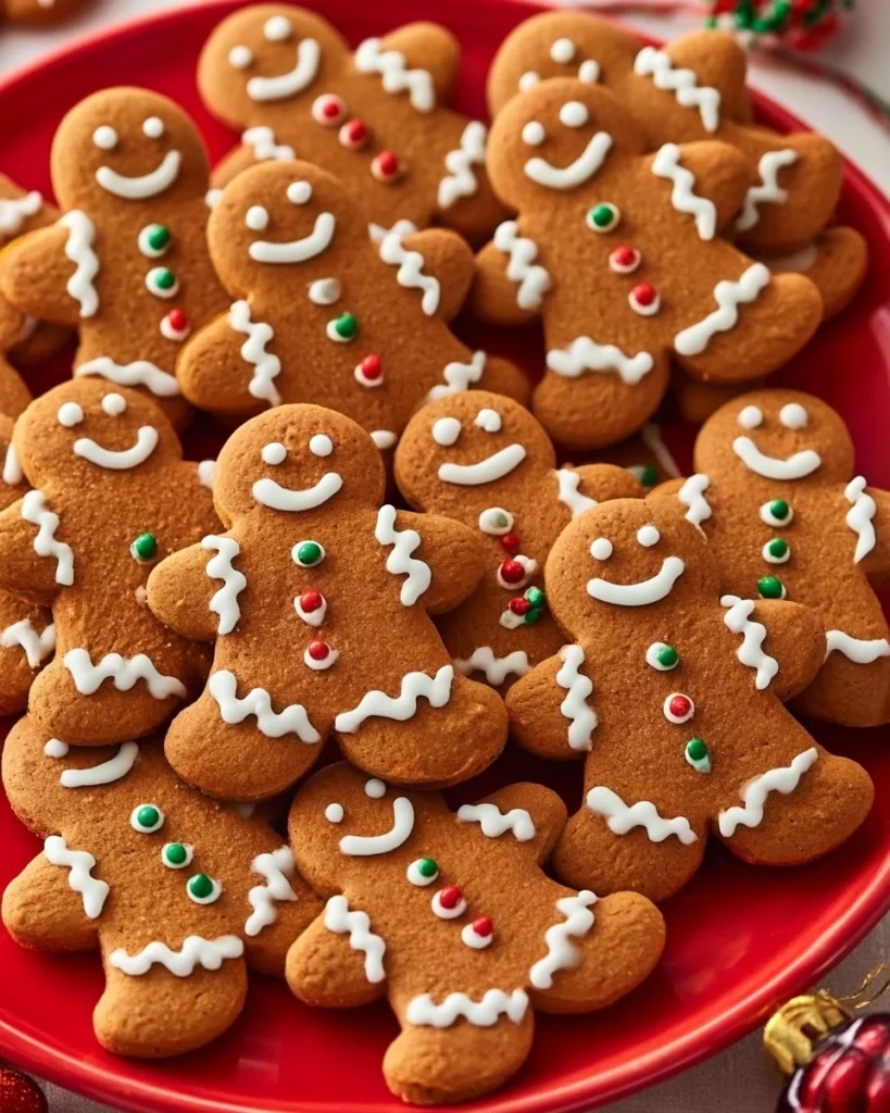 Freshly baked soft and chewy gingerbread men cookies decorated with icing.