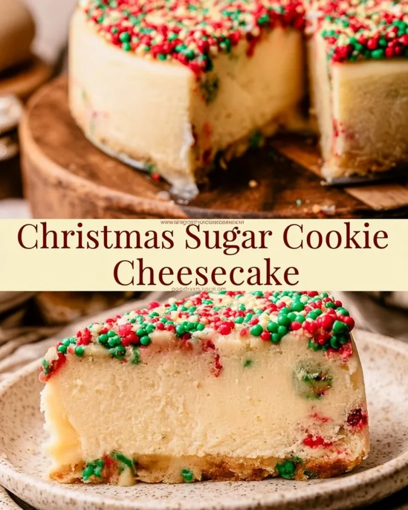 Deliciously creamy sugar cookie cheesecake topped with colorful sprinkles